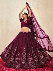 Gorgeous Wine Thread Embroidered Net Lehenga Choli With Dupatta - Ethnic Plus In