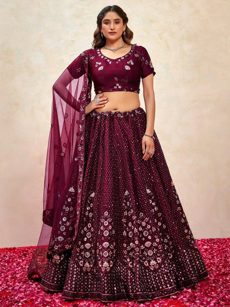 Gorgeous Wine Thread Embroidered Net Lehenga Choli With Dupatta - Ethnic Plus In