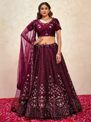 Gorgeous Wine Thread Embroidered Net Lehenga Choli With Dupatta - Ethnic Plus In