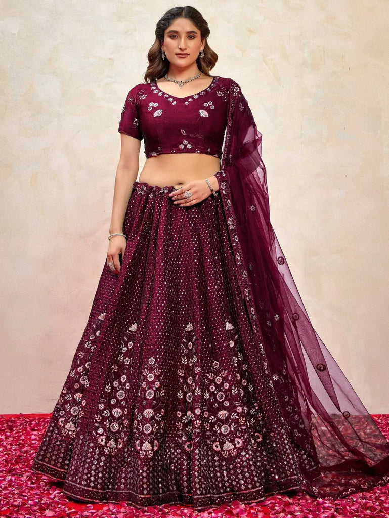 Gorgeous Wine Thread Embroidered Net Lehenga Choli With Dupatta - Ethnic Plus In
