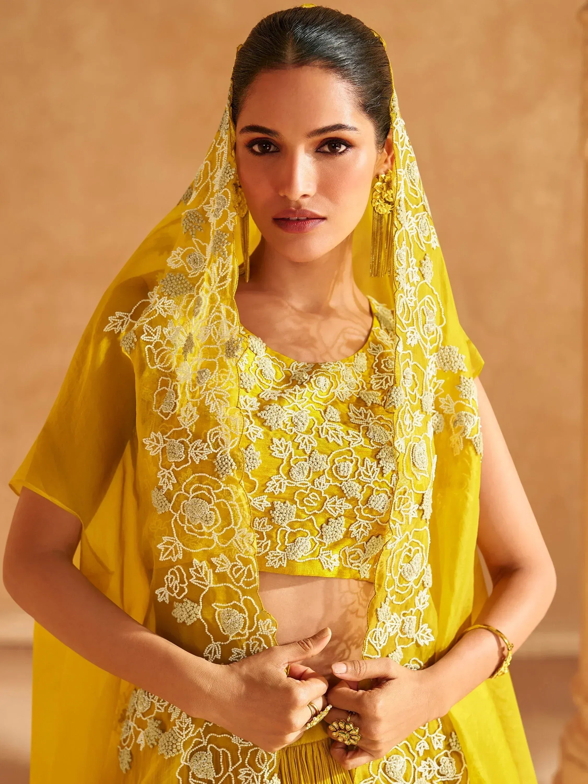 Yellow embroidered lehenga choli with floral beadwork and matching dupatta, Indian ethnic wear