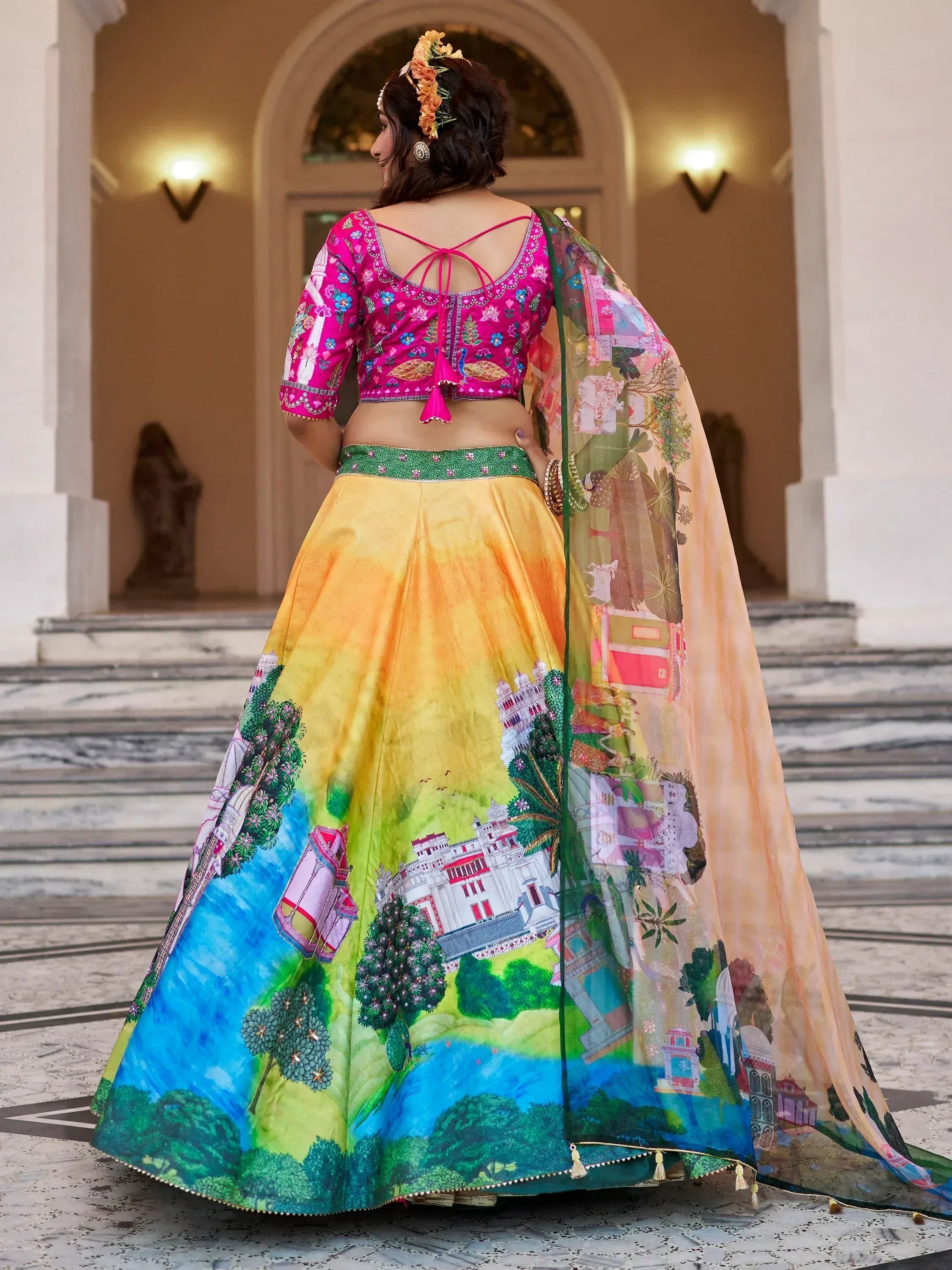 Vibrant printed lehenga choli with palace motifs, perfect for Indian ethnic wear events