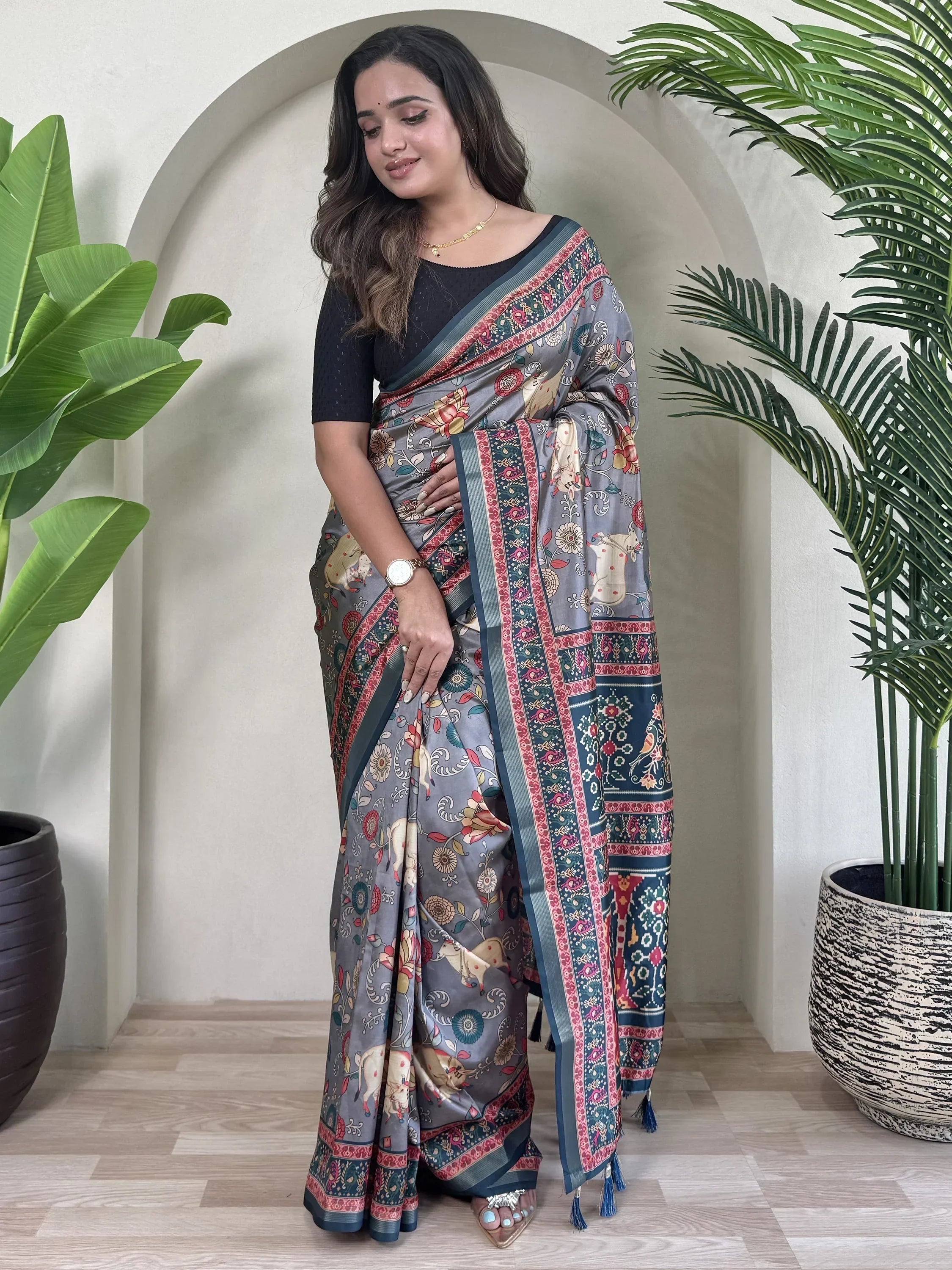 Gorgeous Blue Pichwai Printed Viscose Event Wear Saree With Blouse