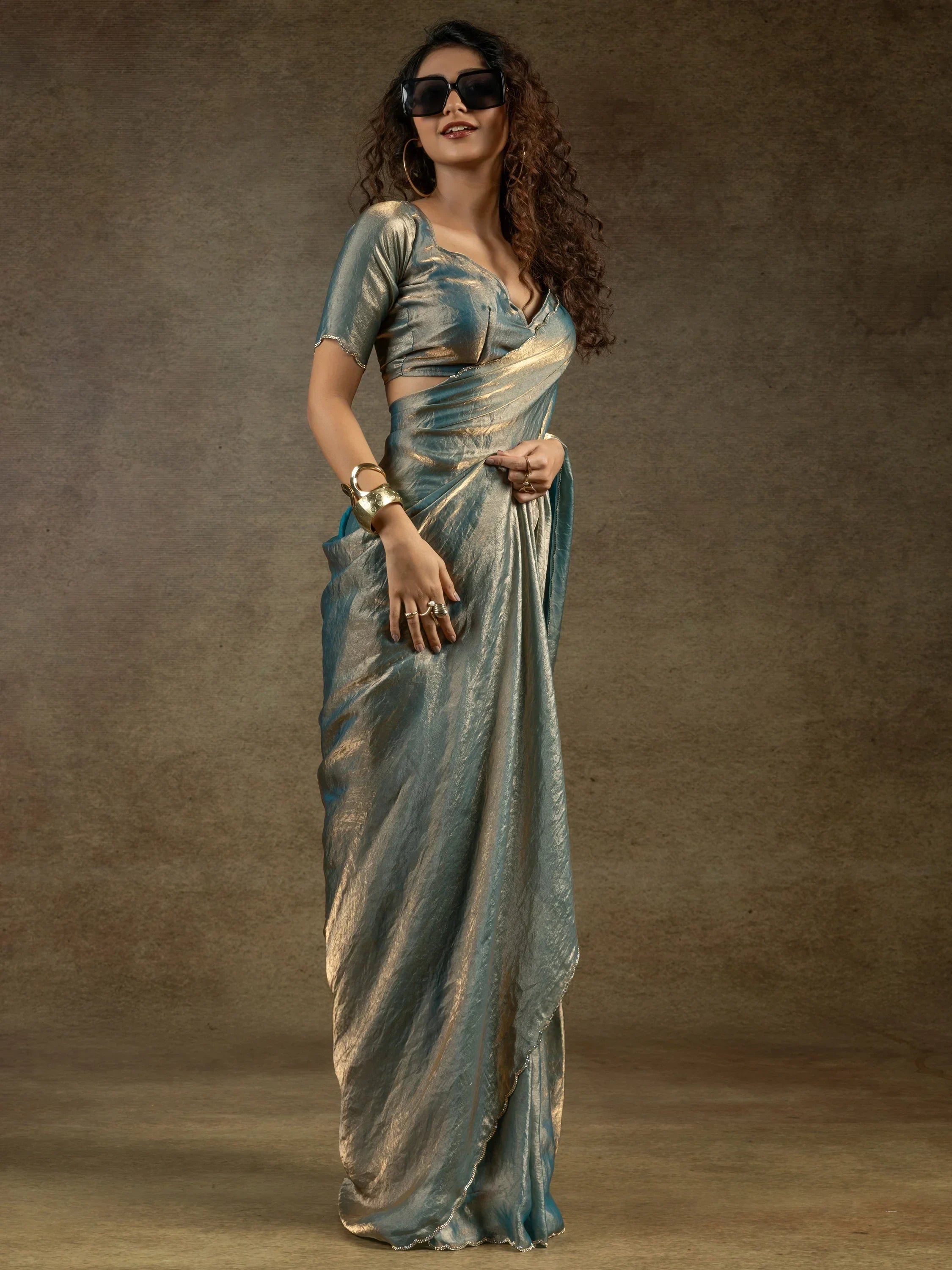 Gorgeous Dusty Blue Satin Bollywood Pre-Stitched Saree With Blouse