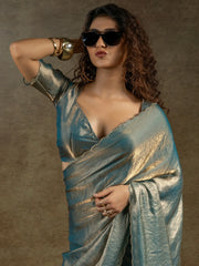 Gorgeous Dusty Blue Satin Bollywood Pre-Stitched Saree With Blouse