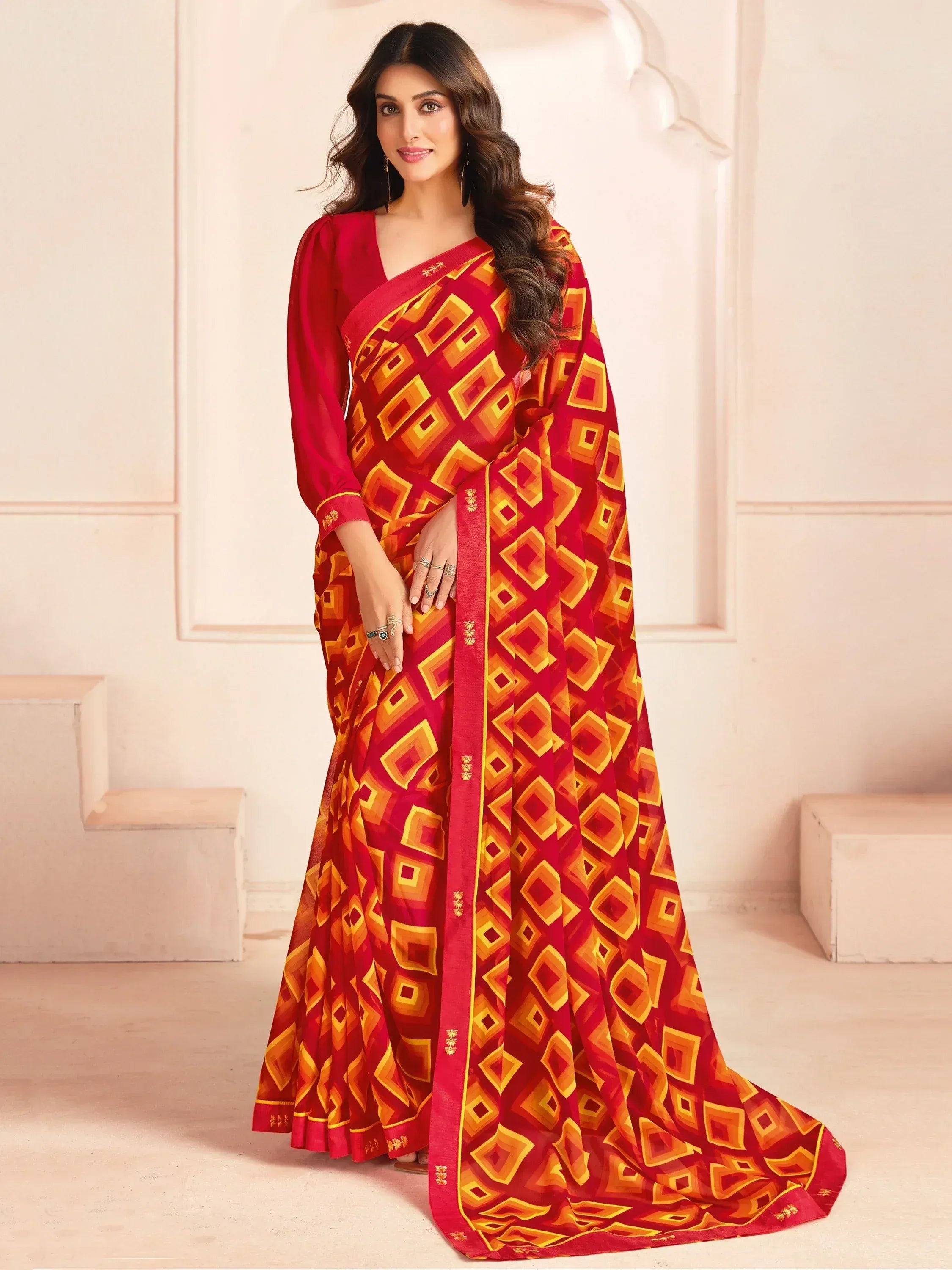 Red and orange geometric print saree with matching blouse, Indian ethnic wear