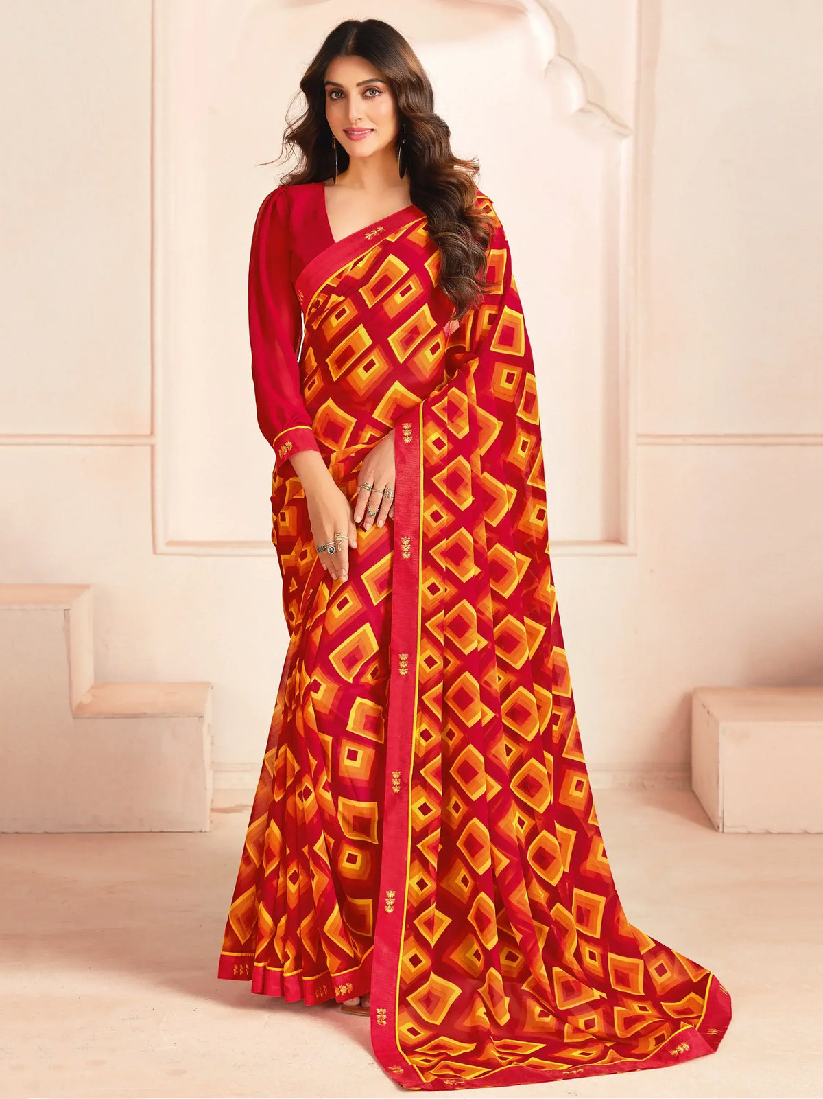 Gorgeous Red Digital Printed Georgette Event Wear Saree With Blouse
