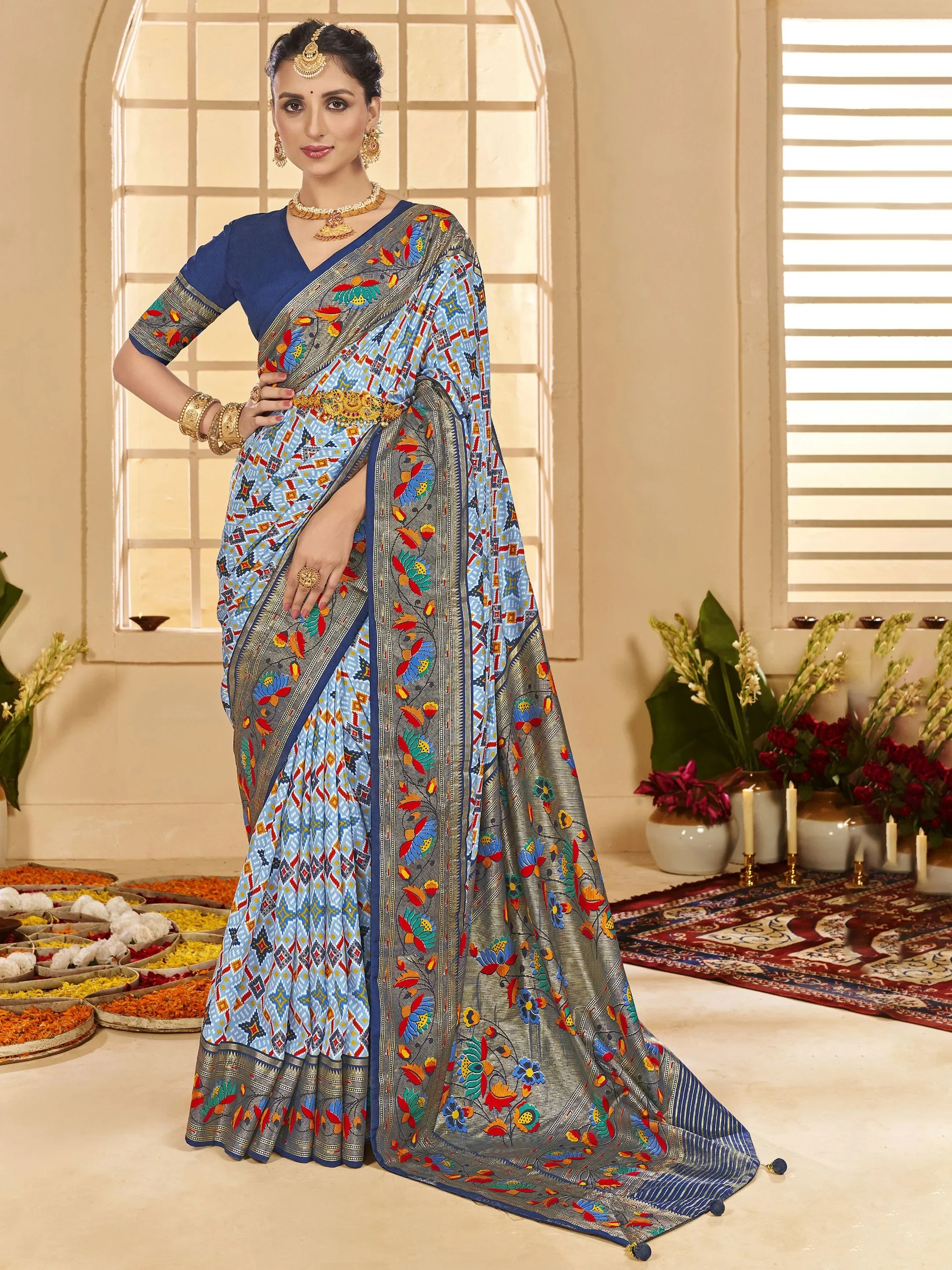 Gorgeous Sky-Blue Ikkat Printed Cotton Traditional Saree With Blouse