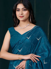 Gorgeous Teal Blue Jarkan Work Crepe Party Wear Saree With Blouse