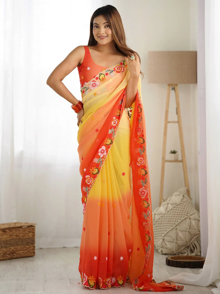 Gorgeous Yellow Thread Embroidered Georgette Casual Wear Saree