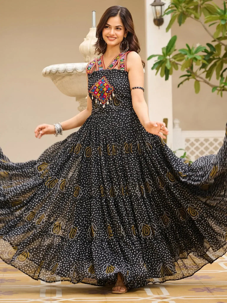 Graceful Black Georgette Bandhani Print Traditional Gown - Ethnic Plus In