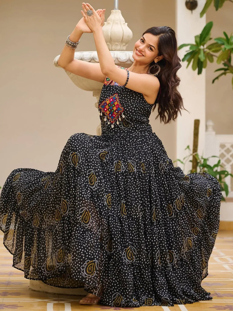Graceful Black Georgette Bandhani Print Traditional Gown - Ethnic Plus In