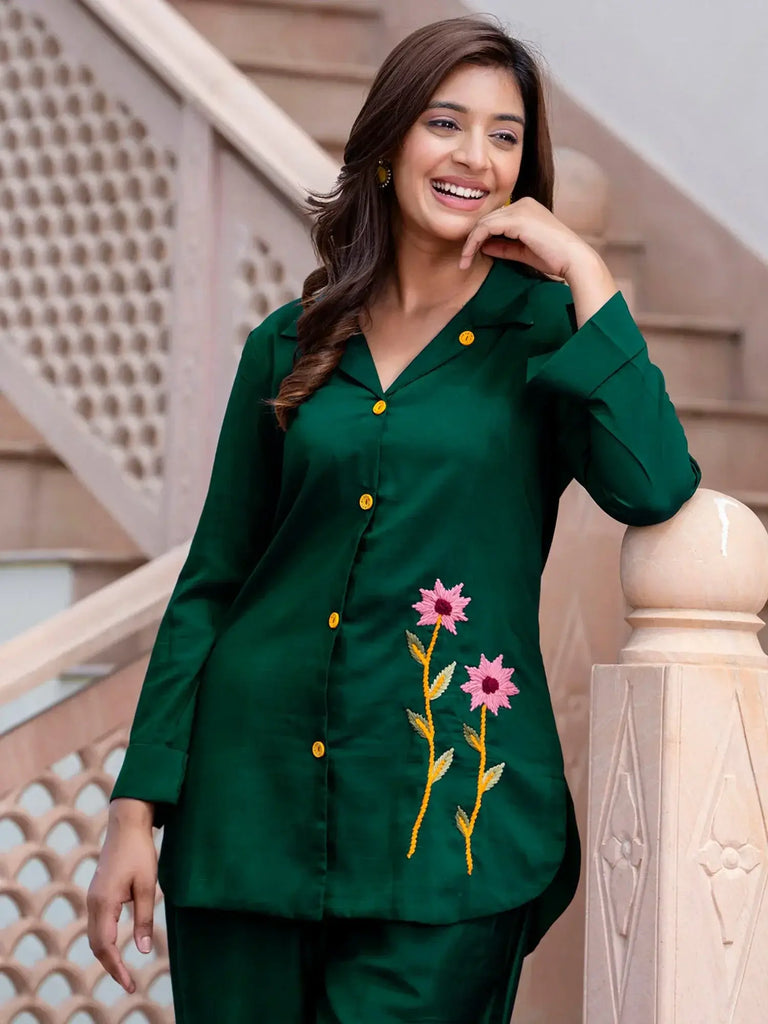 Graceful Green Silk Blend Hand Work Co - ord Set - Ethnic Plus In