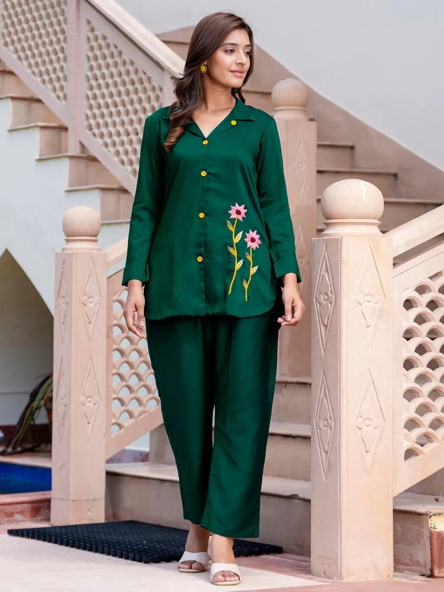 Emerald green embroidered night suit with floral design, ideal for comfortable ethnic wear at home.