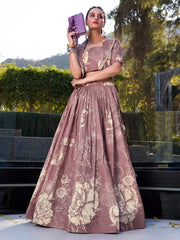 Graceful Mauve Floral Print Tussar Silk Party Wear Crop Top Lehenga With Jacket - Ethnic Plus In