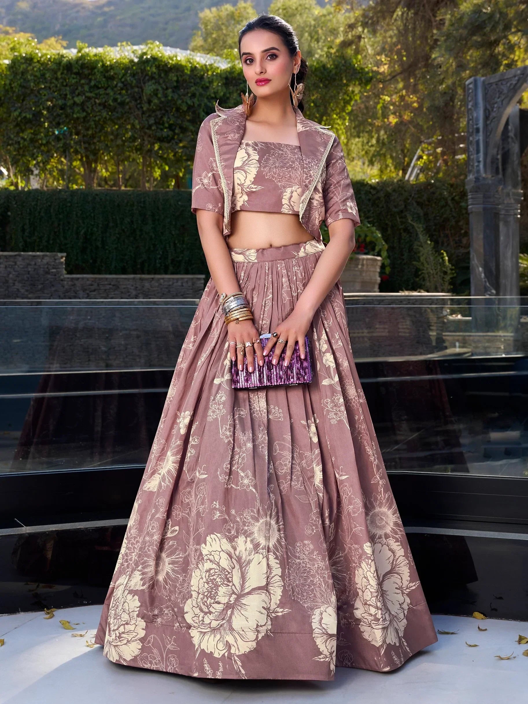 Graceful Mauve Floral Print Tussar Silk Party Wear Crop Top Lehenga With Jacket - Ethnic Plus In
