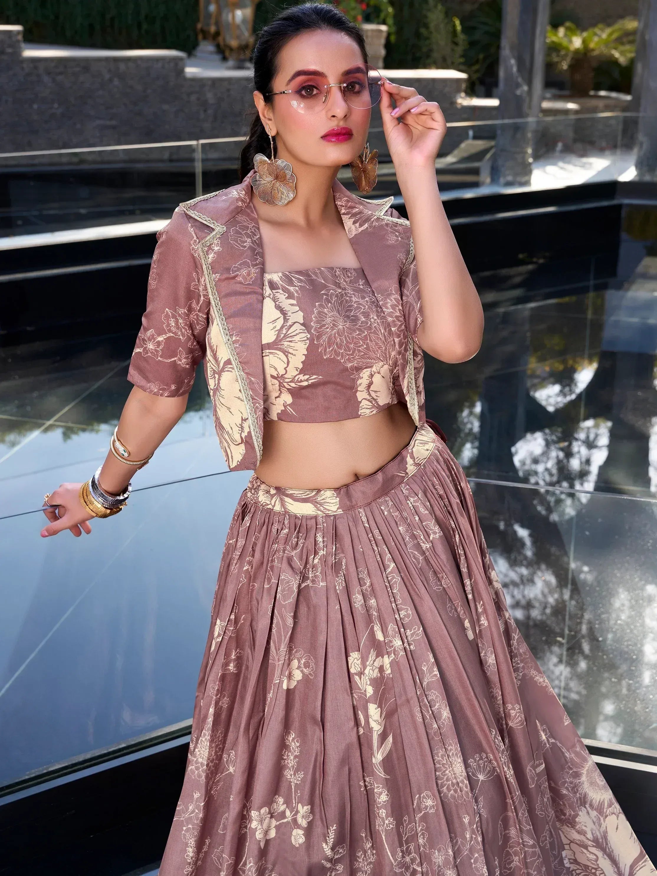 Elegant floral print lehenga choli with gold detailing, perfect for Indian ethnic wear