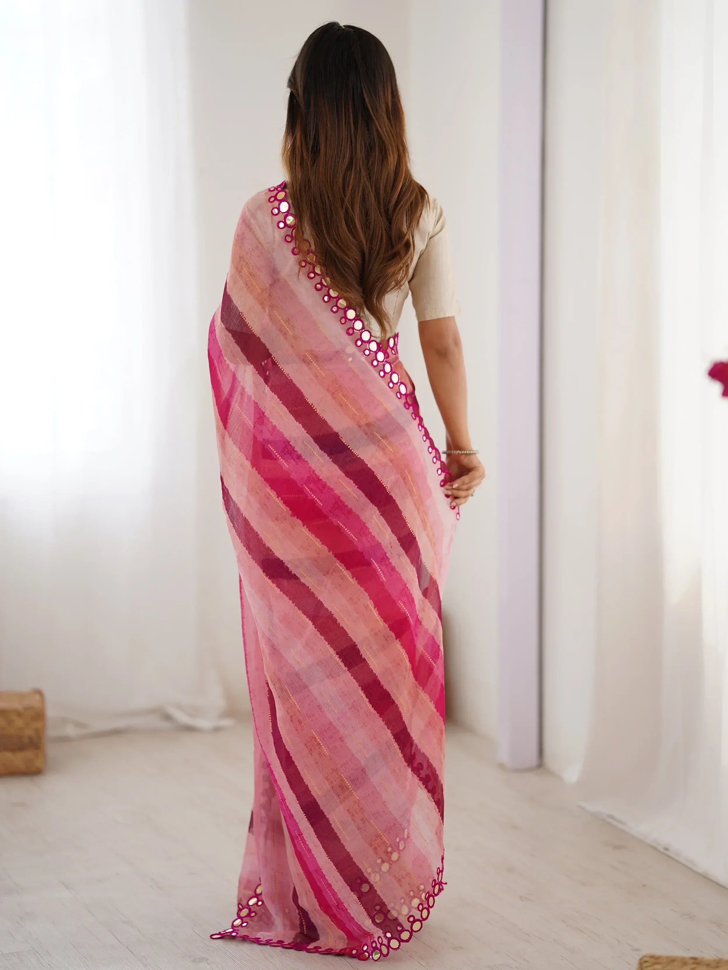 Pink striped saree with mirror work, Indian ethnic wear for women