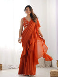 Graceful Rust Zari Embroidered Georgette Ready To Wear Sharara Saree - Ethnic Plus In