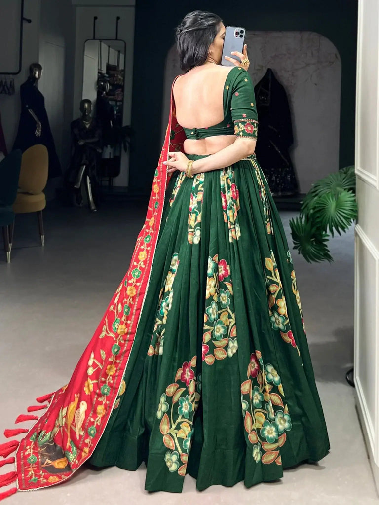Great Green Foil Work Tussar Silk Mehendi Wear Lehenga Choli - Ethnic Plus In