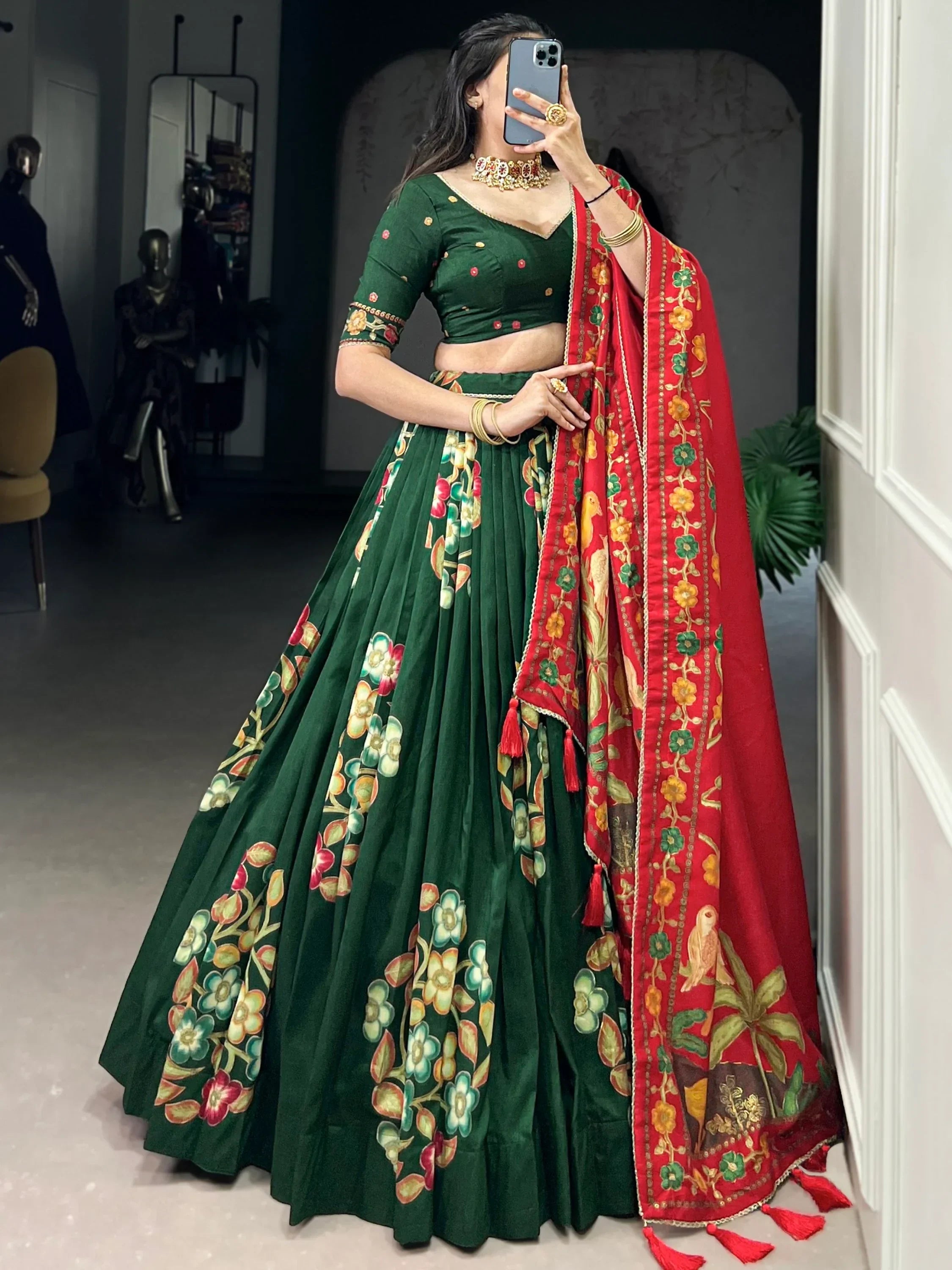 Great Green Foil Work Tussar Silk Mehendi Wear Lehenga Choli - Ethnic Plus In