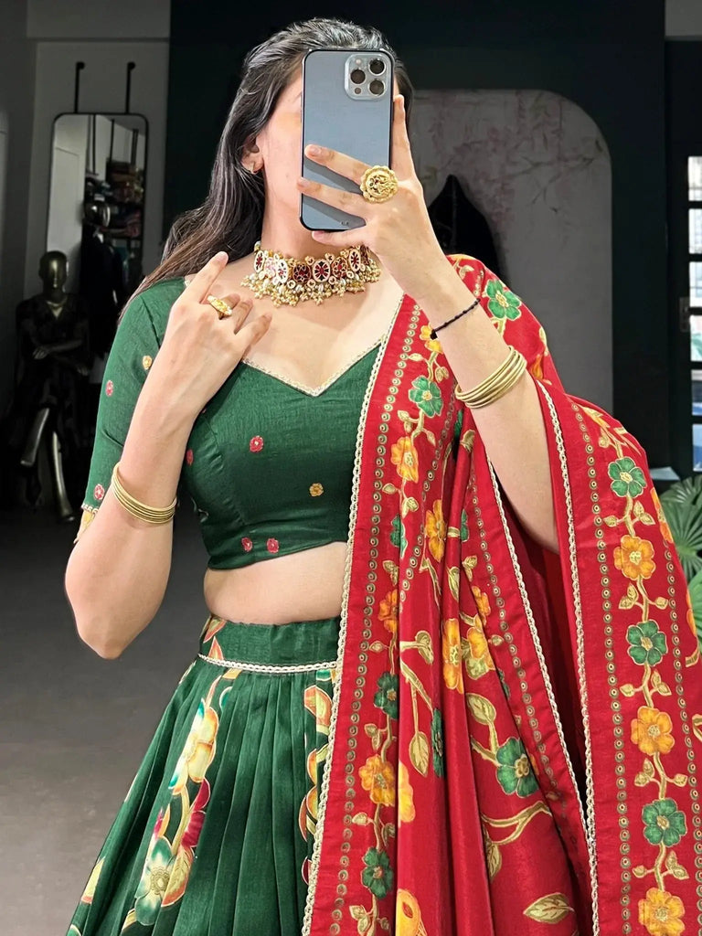 Great Green Foil Work Tussar Silk Mehendi Wear Lehenga Choli - Ethnic Plus In