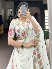 Great Off - White Floral Embroidered Georgette Sangeet Wear Lehenga Choli - Ethnic Plus In