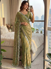 Incredible Green Beads Work Satin Party Wear Saree With Blouse