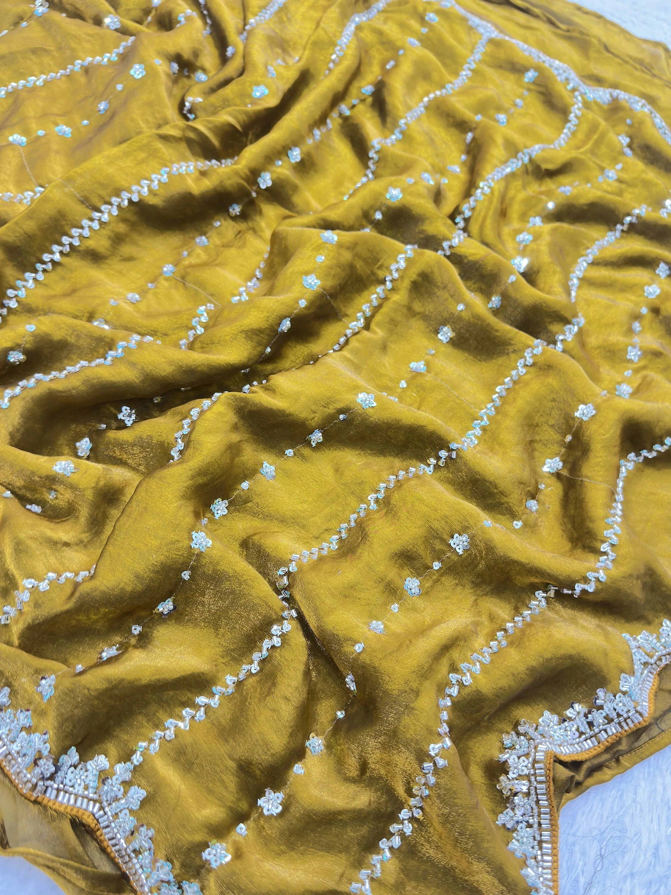 Incredible Green Beads Work Satin Party Wear Saree With Blouse