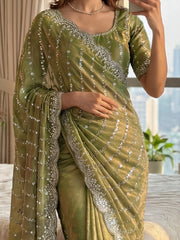 Incredible Green Beads Work Satin Party Wear Saree With Blouse