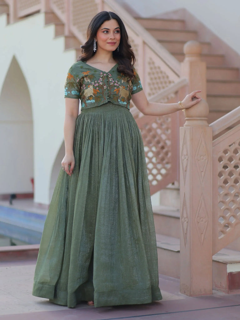 Elegant Green Organza Embroidered Traditional Gown With Koti