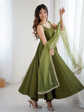 Striking Green Chanderi Silk Lace Work Festive Wear Anarkali Suit