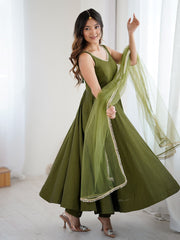 Striking Green Chanderi Silk Lace Work Festive Wear Anarkali Suit