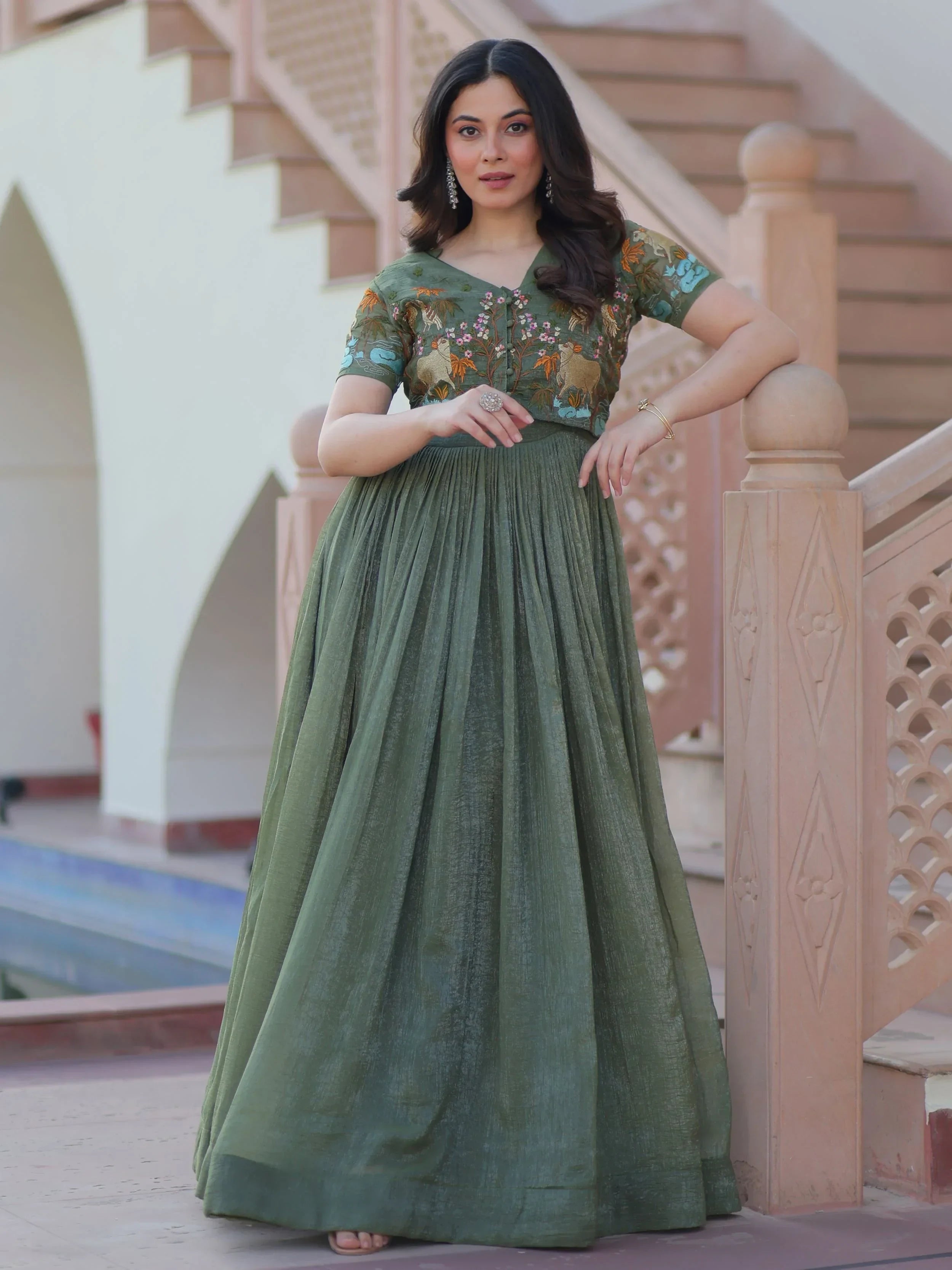 Elegant Green Organza Embroidered Traditional Gown With Koti