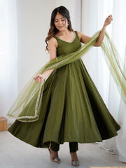 Striking Green Chanderi Silk Lace Work Festive Wear Anarkali Suit