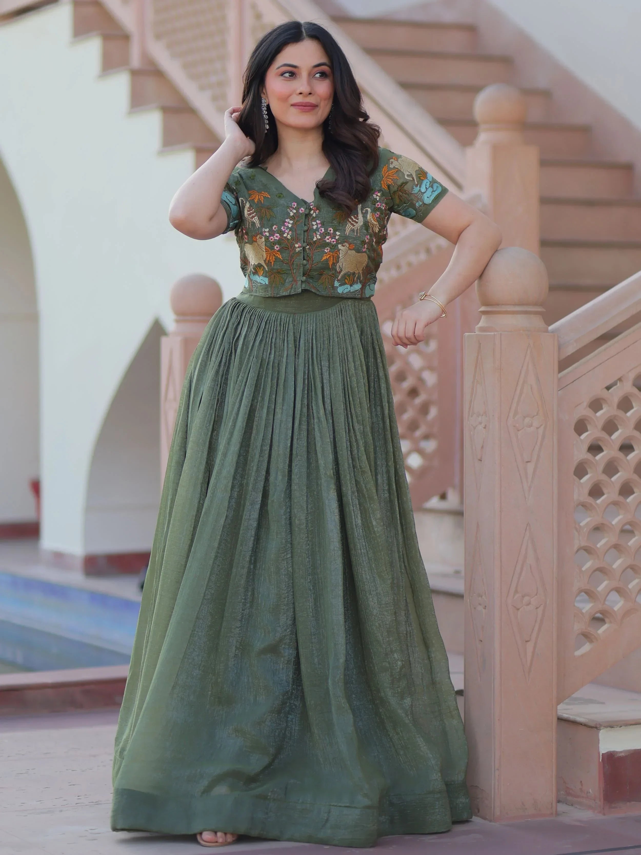 Elegant Green Organza Embroidered Traditional Gown With Koti
