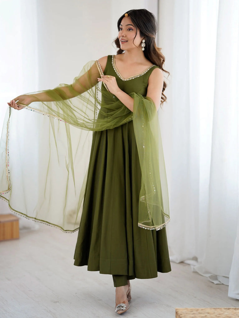 Striking Green Chanderi Silk Lace Work Festive Wear Anarkali Suit