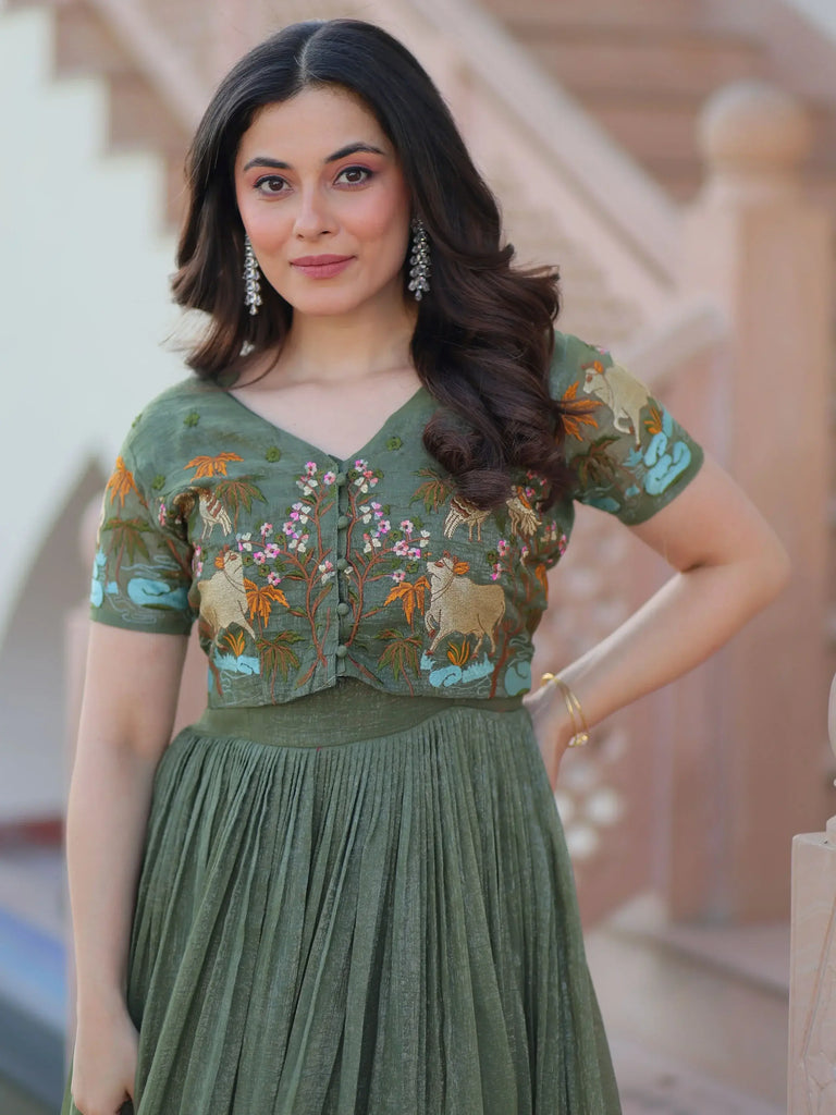 Elegant Green Organza Embroidered Traditional Gown With Koti