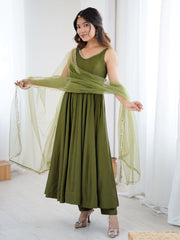 Striking Green Chanderi Silk Lace Work Festive Wear Anarkali Suit