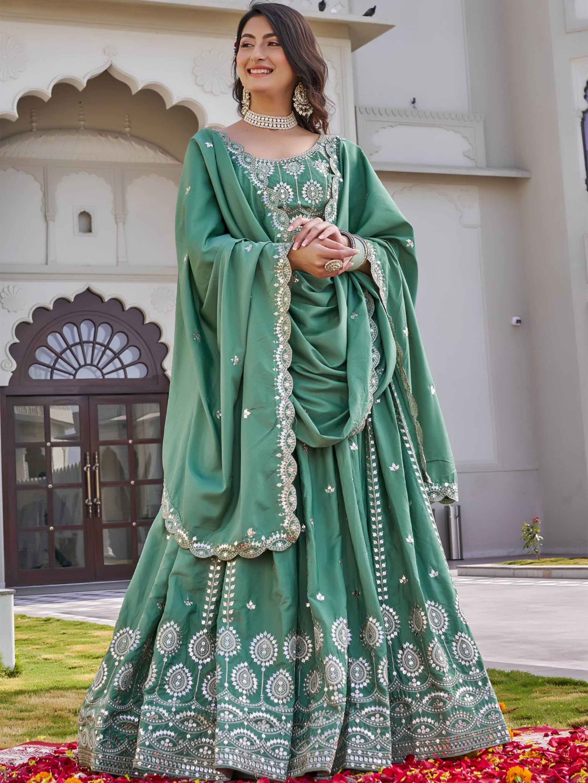 Alluring Green Embroidered Silk Function Wear Lehenga Choli