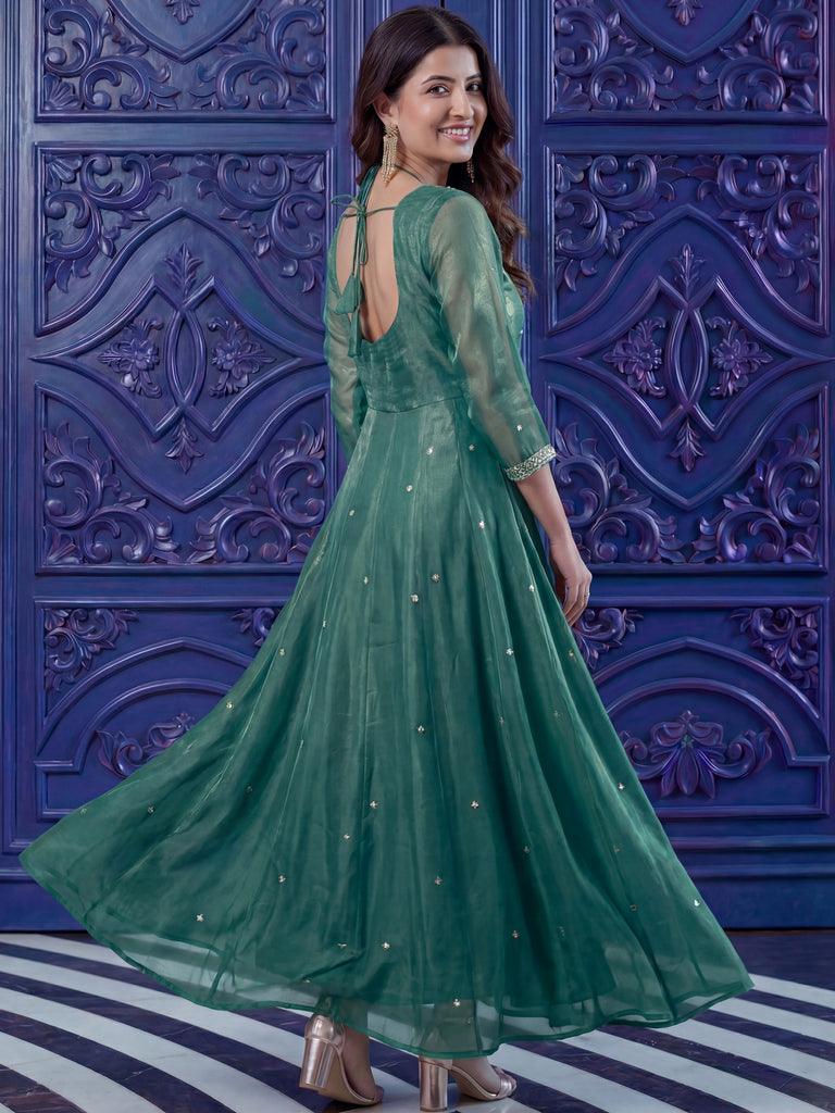 Alluring Teal Green Embroidered Silk Traditional Anarkali Gown With Dupatta