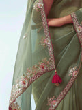 Beautiful Green Organza Border Work Traditional Saree With Blouse