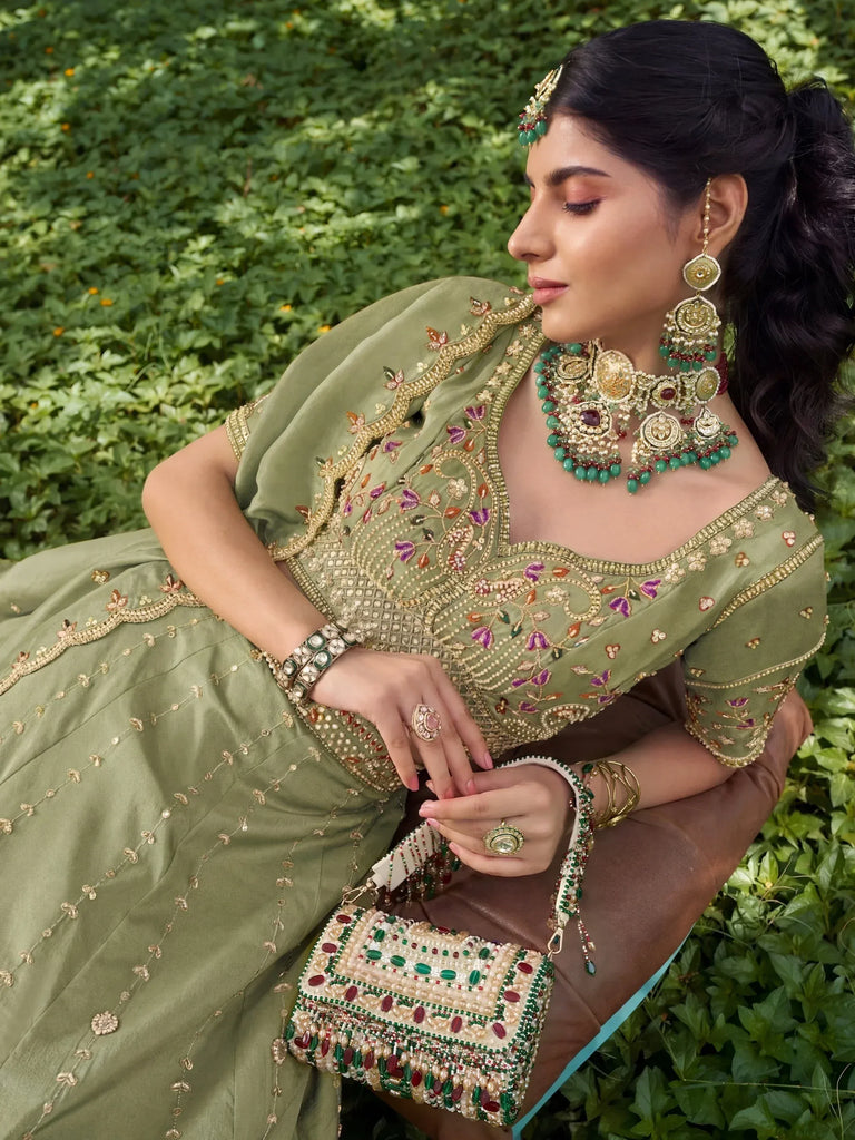 Royal Pista Green Bead Embroidery Silk Mehendi Wear Lehenga Choli