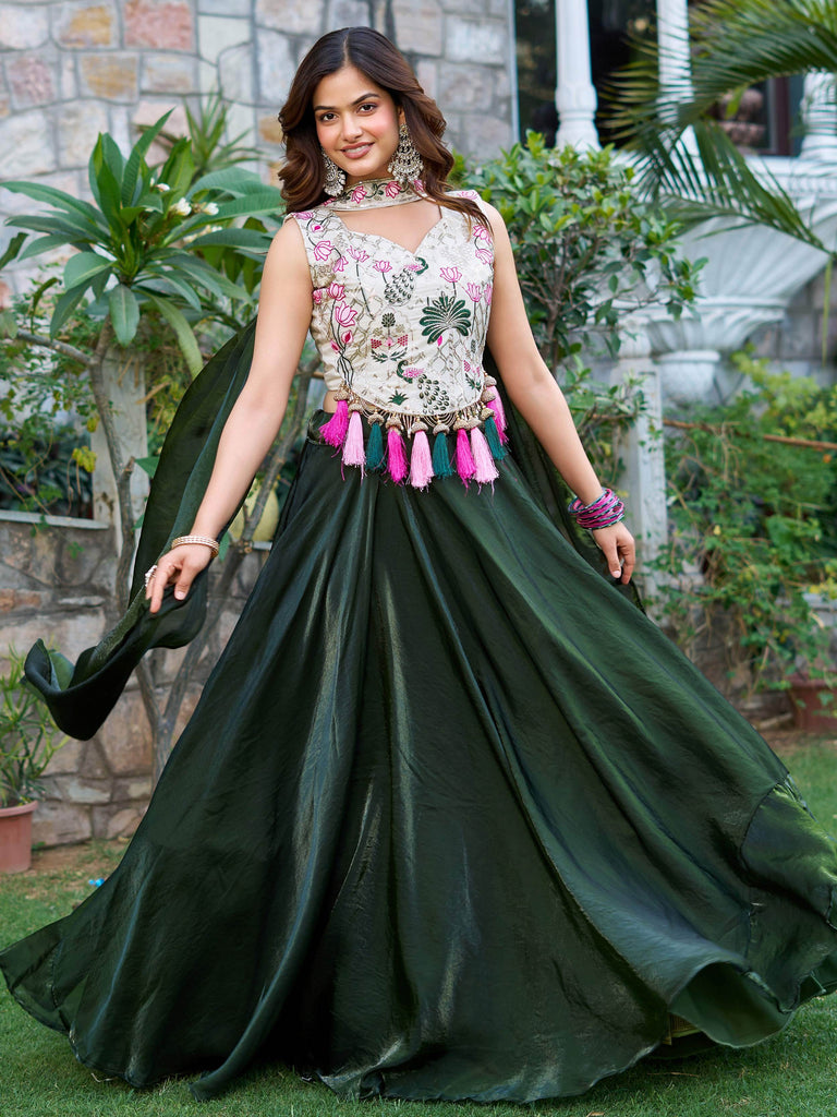 Stunning Green Silk Floral Embroidery Mehendi Wear Lehenga Choli