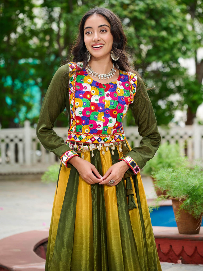 Alluring Green Chinon Gamthi Embroidered Ombre Lehenga Choli