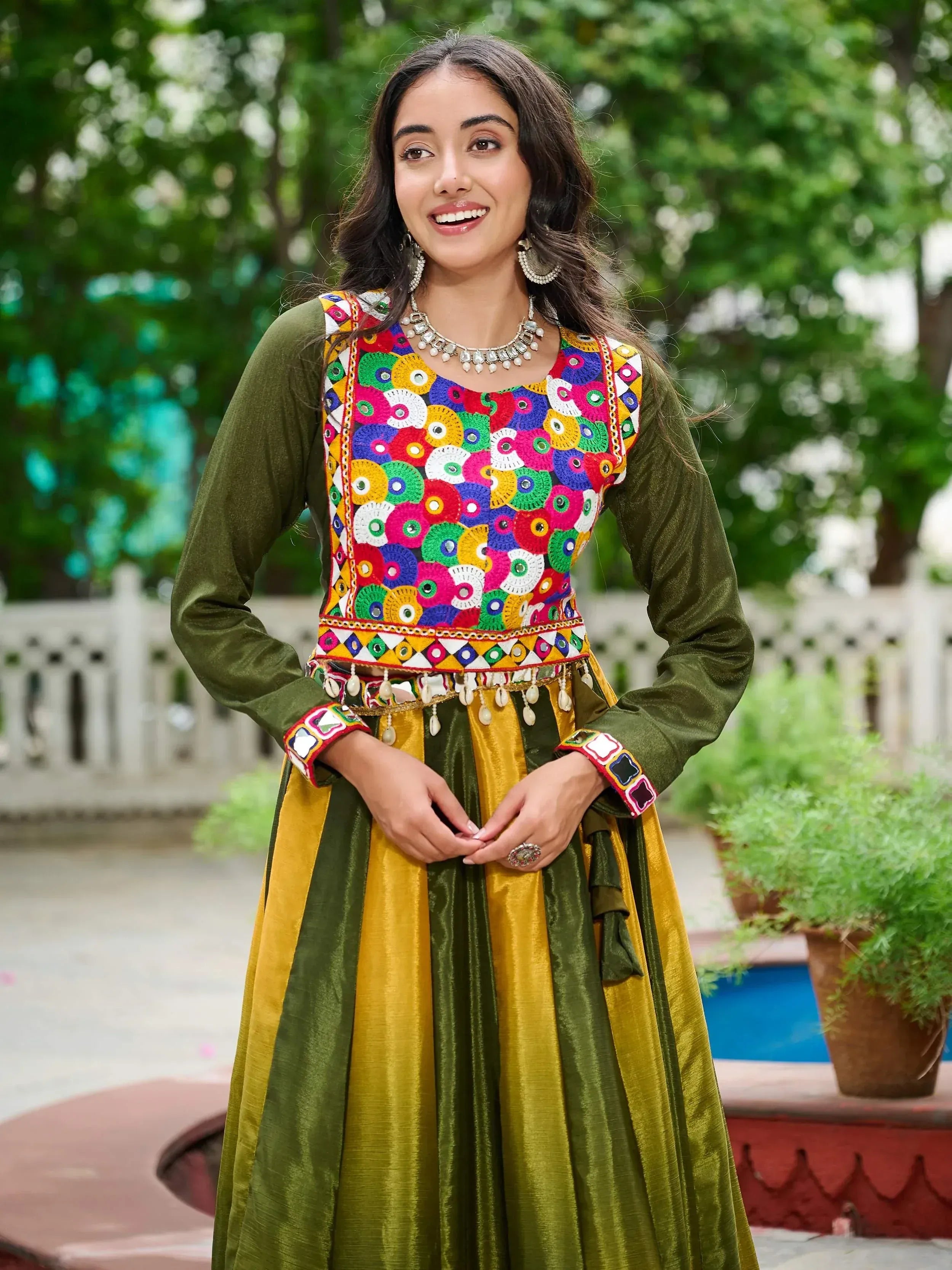 Colorful embroidered Indian ethnic wear with mirror work, olive and mustard velvet anarkali suit
