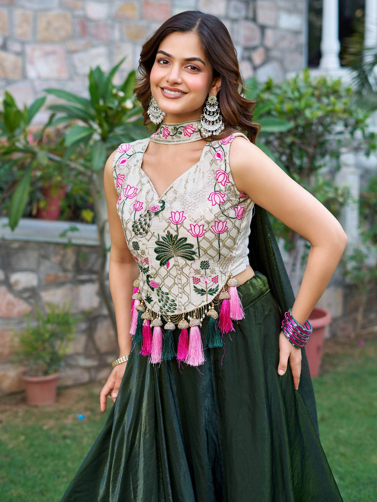 Stunning Green Silk Floral Embroidery Mehendi Wear Lehenga Choli