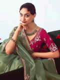 Beautiful Green Organza Border Work Traditional Saree With Blouse
