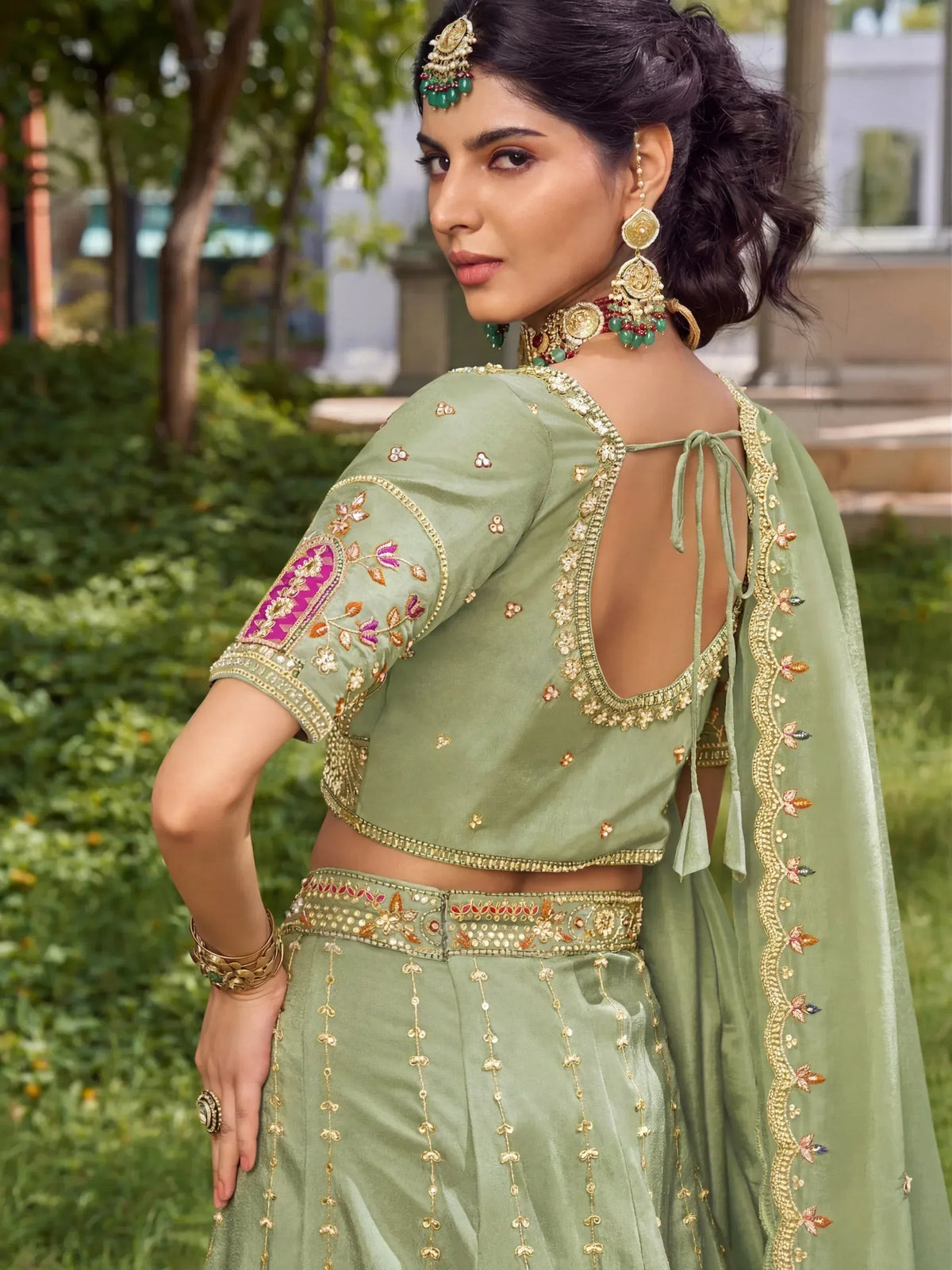 Royal Pista Green Bead Embroidery Silk Mehendi Wear Lehenga Choli