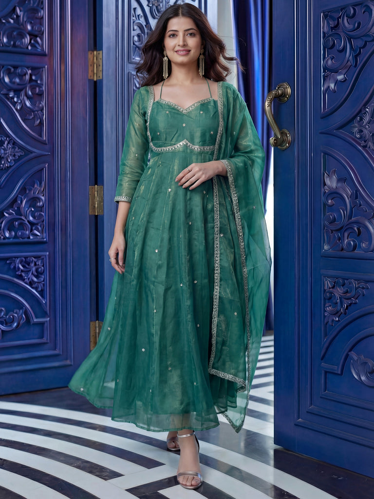 Alluring Teal Green Embroidered Silk Traditional Anarkali Gown With Dupatta